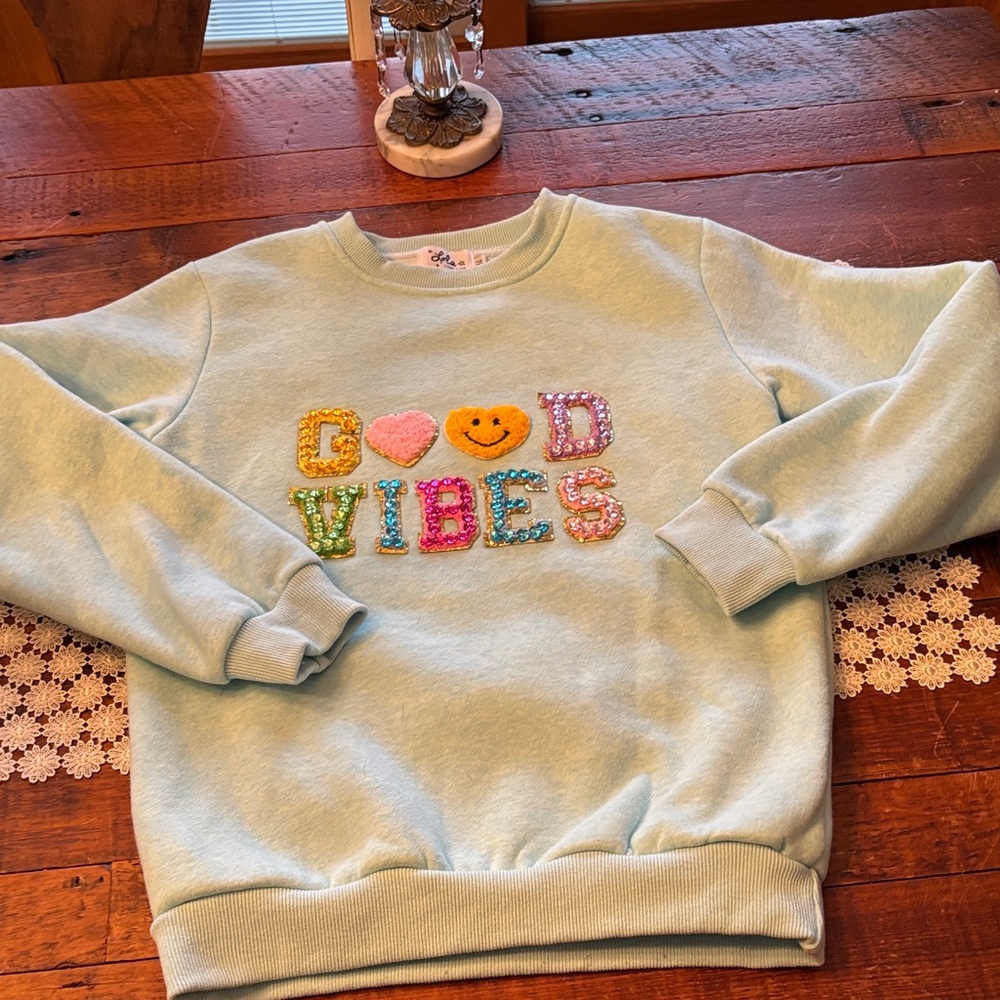 Lola & The Boys Good Vibes Aqua Colored Sweatshirt.  Size 14